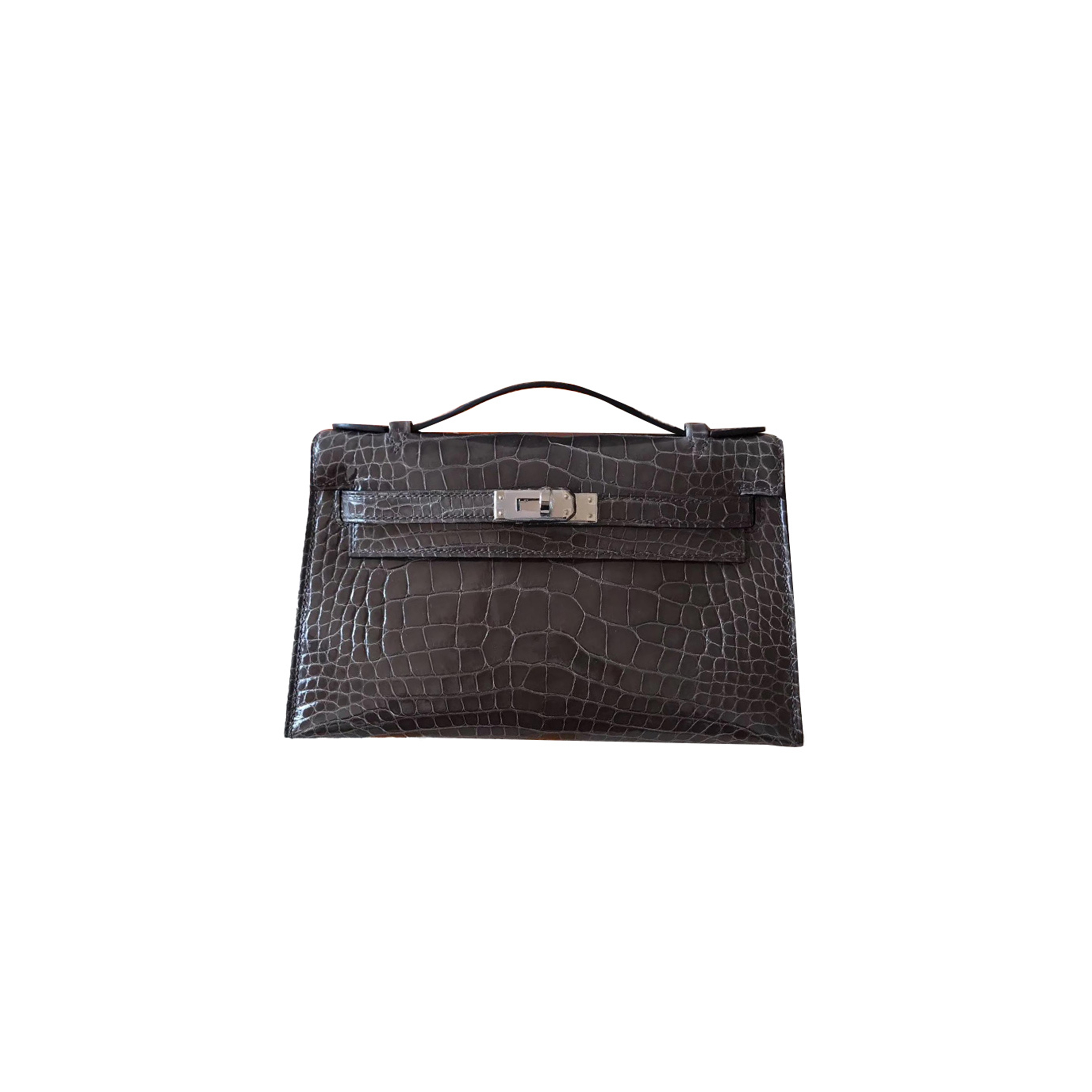 HERMÈS MASTER MINI KELLY POCHETTE GLOSSY SQUARE CROCODILE ELEPHANT GRAY SILVER BUCKLE (22*14*7cm)